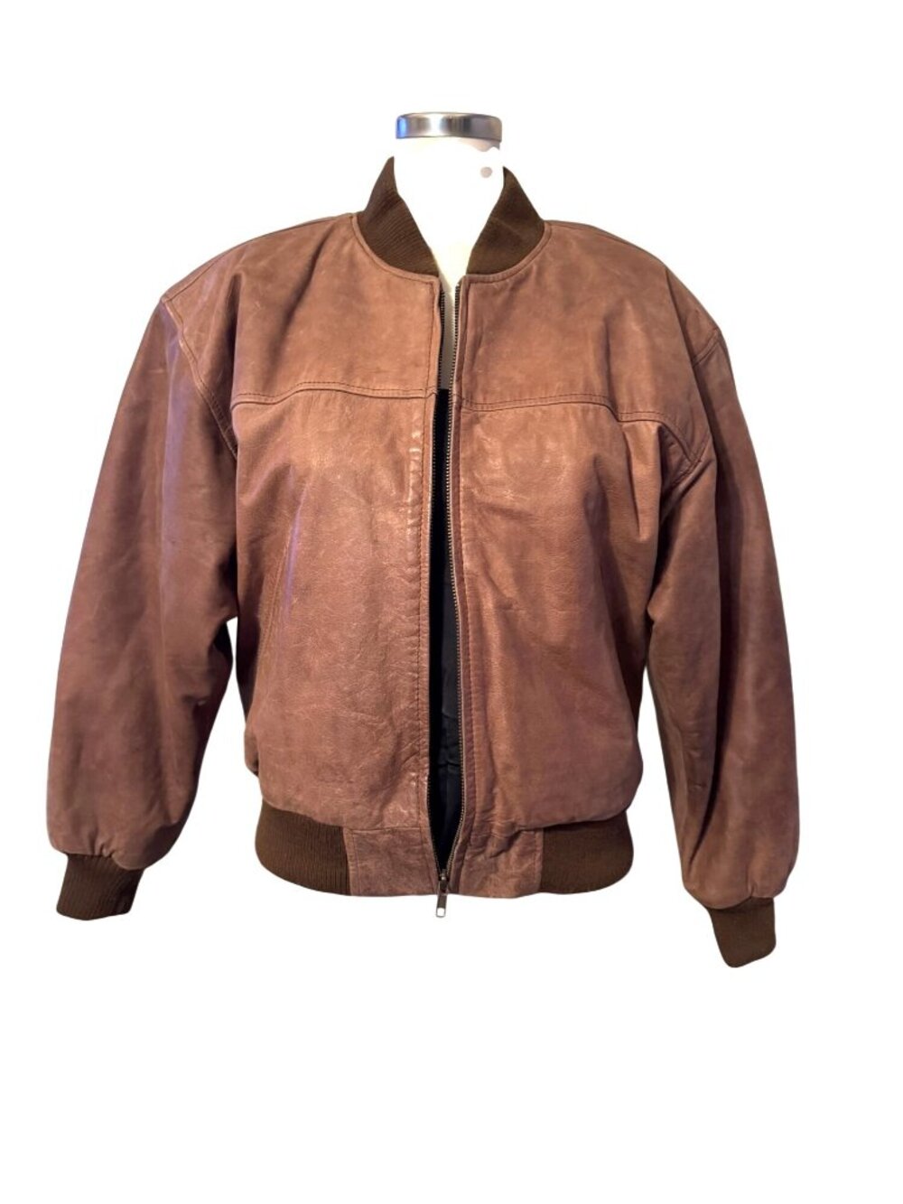 SSatori Genuine Leather Bomber Jacket Brown Ribbed Collar & Cuffs